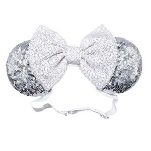 Silver & White Sequin Minnie Mouse Ears Elastic Headband Bridal Bachelorette
